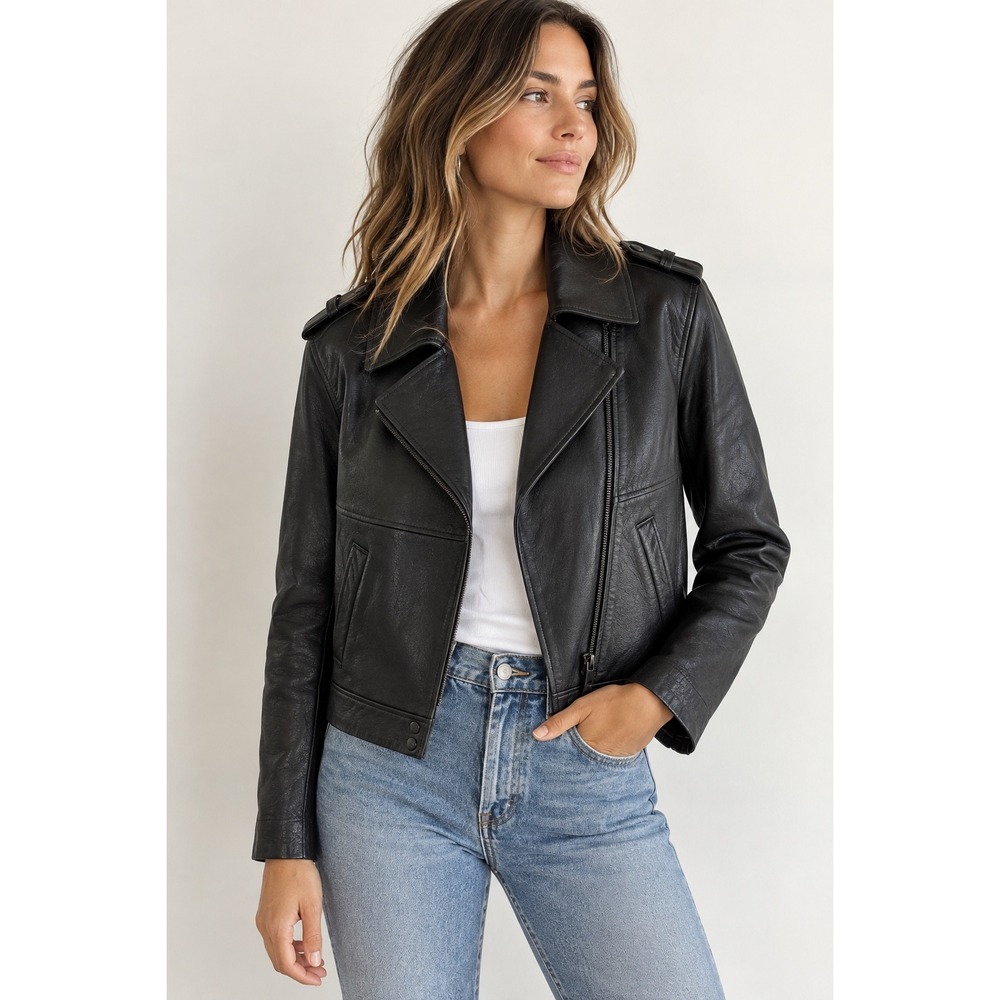 Vince Womens Black Leather Moto Biker Jacket Asymmetric Zip XS Epaulets